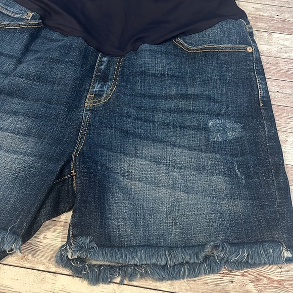 Pinkblush Dark Wash Distressed Raw Hem Full Panel Maternity Plus Size Shorts - Picture 6 of 10